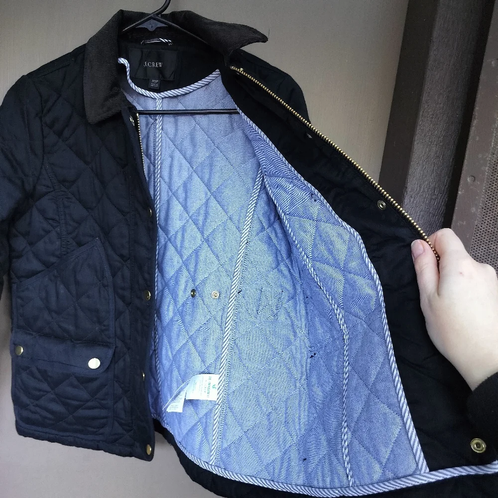 JCrew Black Quilted Barn Jacket Chore Coat Gold Hardware and Corduroy Collar - Picture 5 of 9